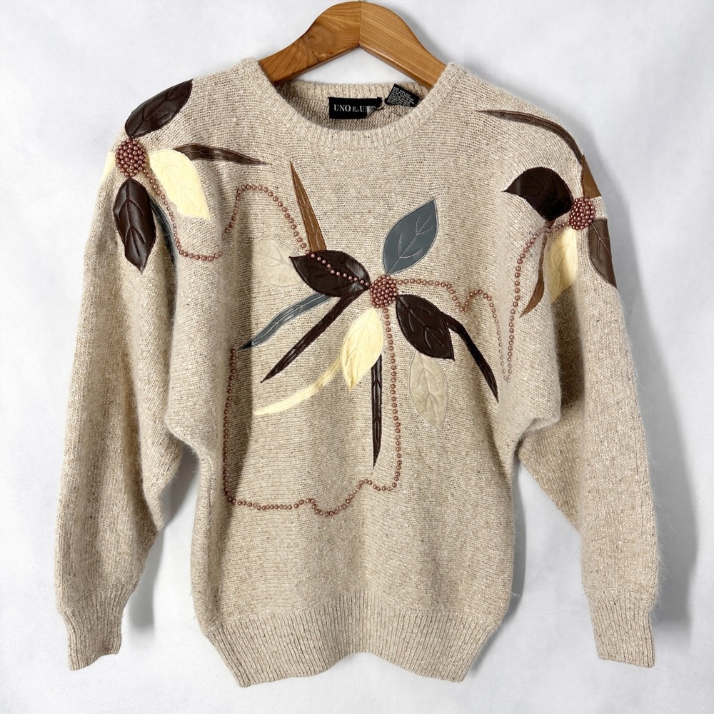 Vintage UNO & UNA Silk Wool Mixed Media Beaded Tan Sweater Womens Size Small